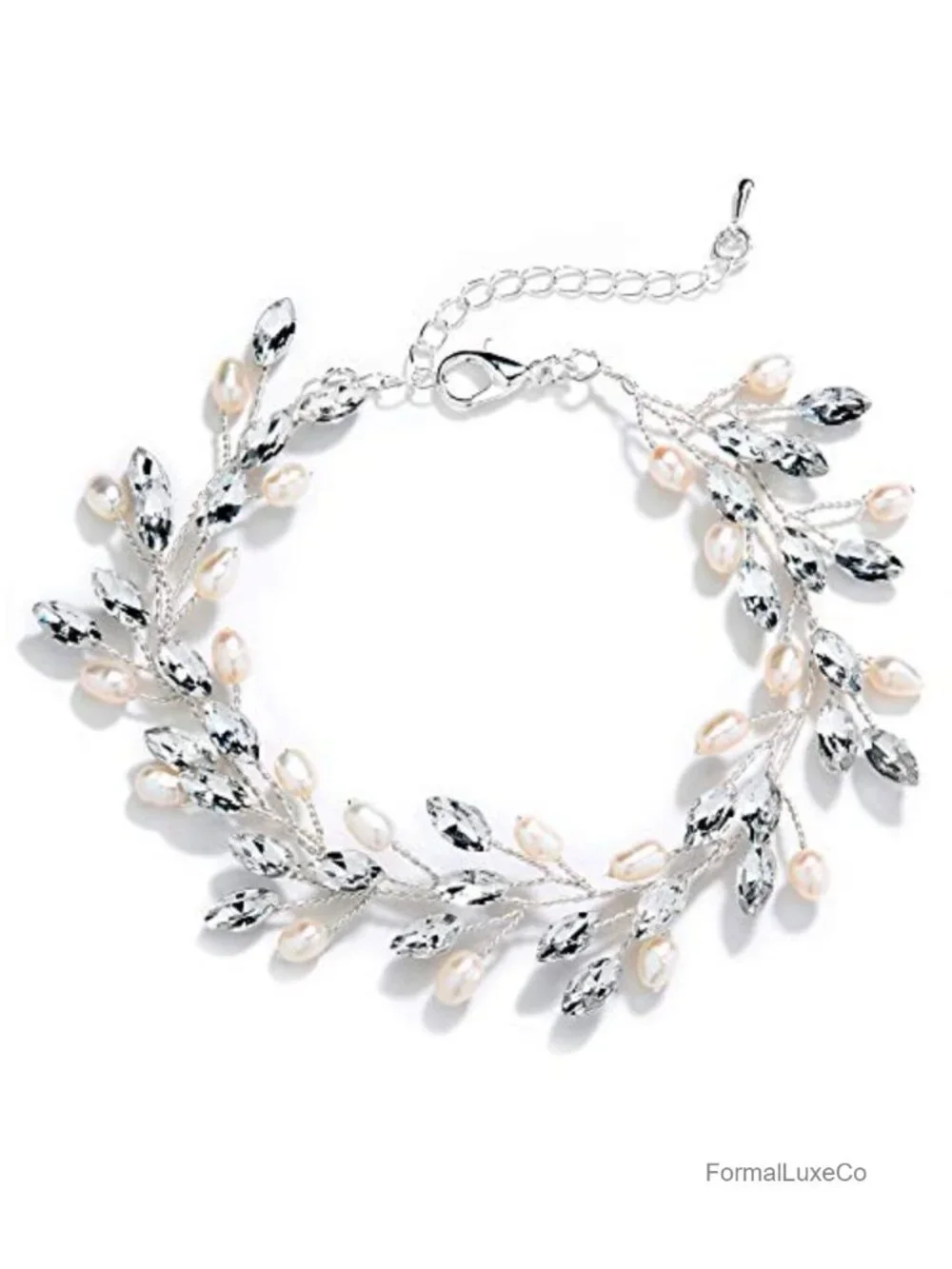 Crystal Pearl Bridal Bracelet 7-8.5 In Silver Chain Lobster Claw